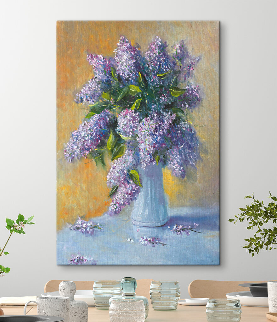 A painting of a bouquet of purple flowers in a white vase A painting of a bouquet of purple flowers in a white vase