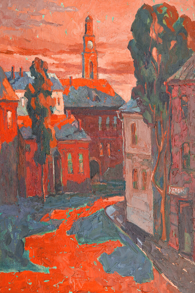 A painting of a street with buildings and trees