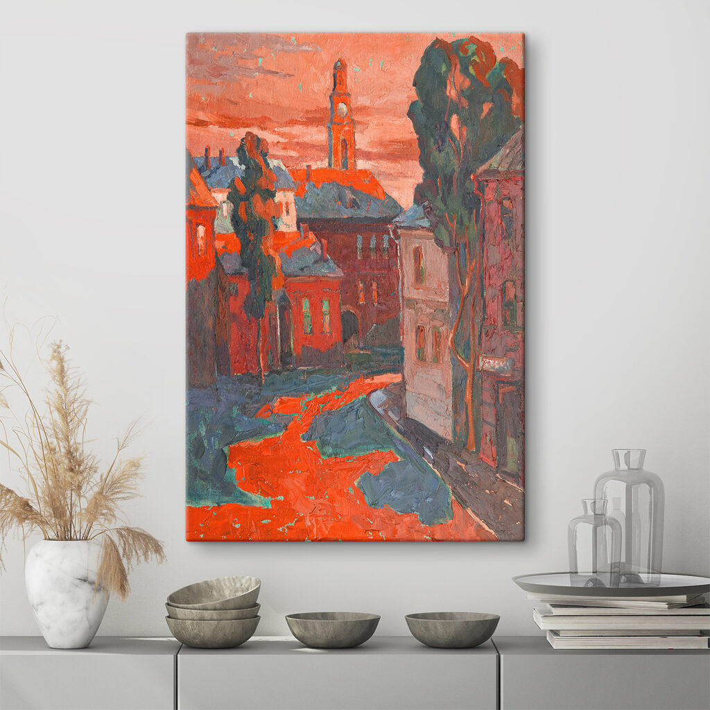 A painting of a street with buildings and trees
