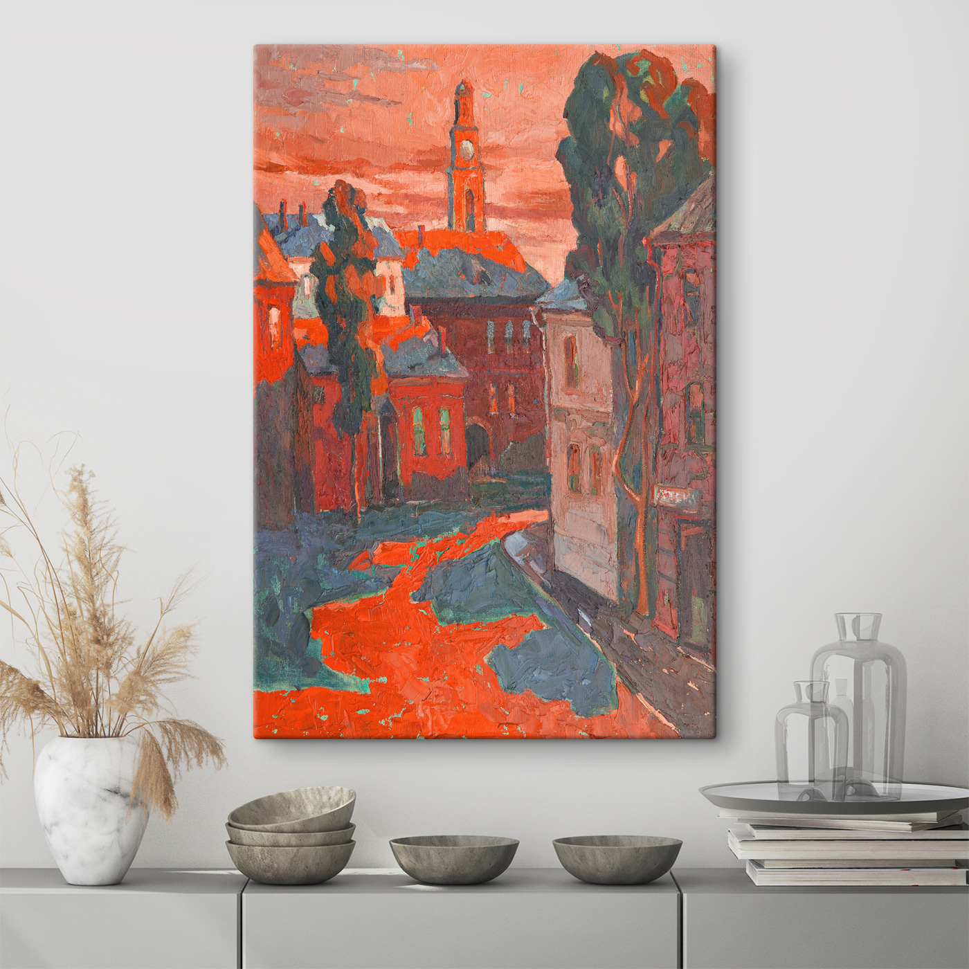 A painting of a street with buildings and trees