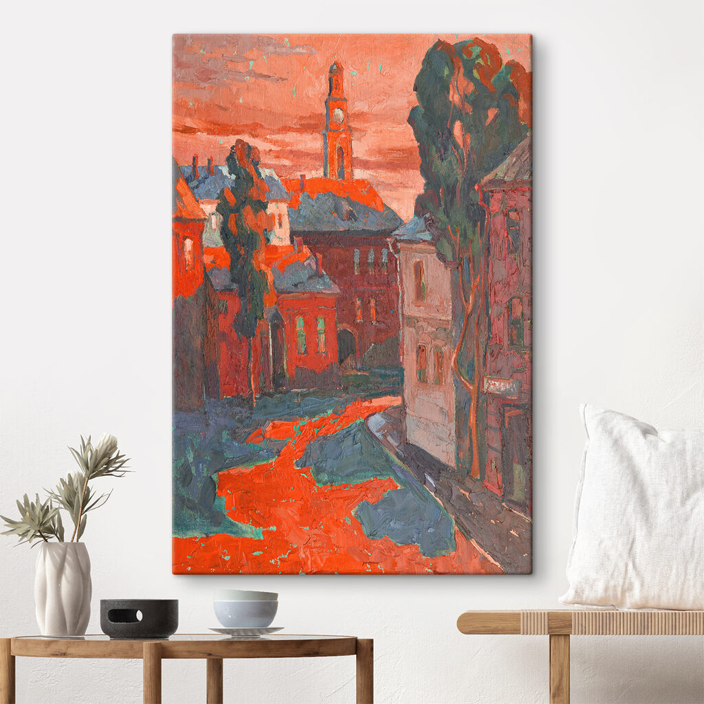 A painting of a street with buildings and trees