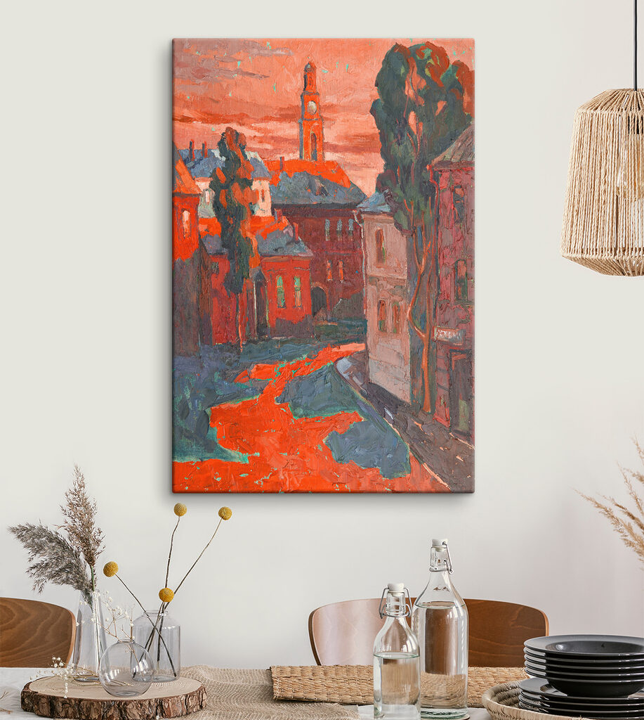 A painting of a street with buildings and trees