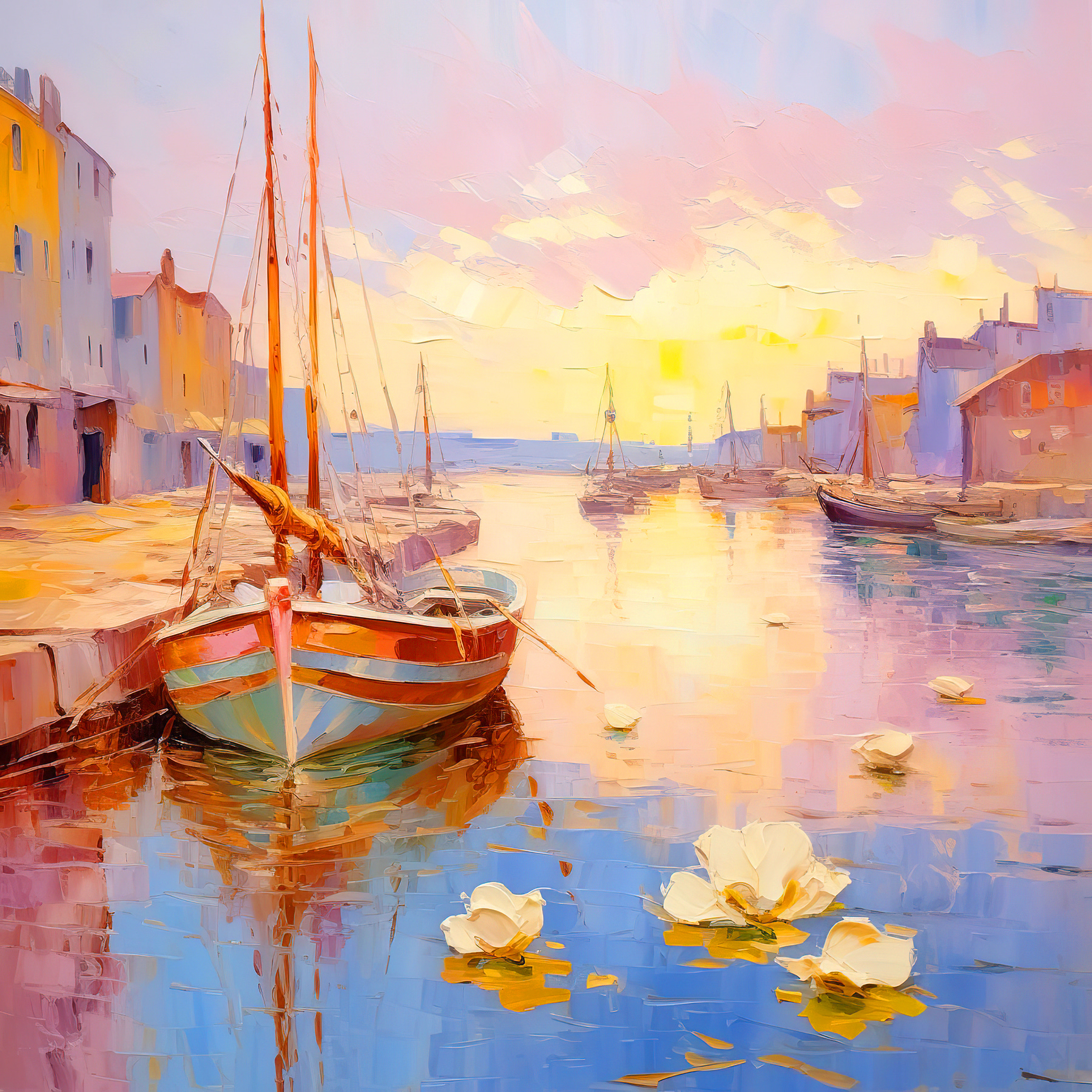 A painting of boats in a harbor A painting of boats in a harbor