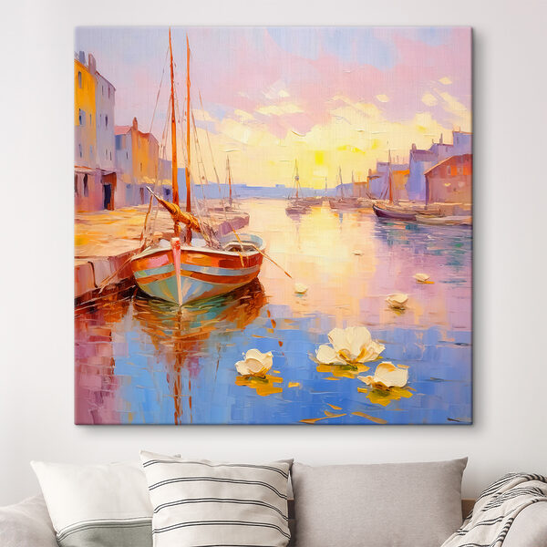 A painting of boats in a harbor A painting of boats in a harbor