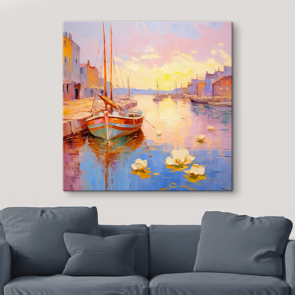 A painting of boats in a harbor A painting of boats in a harbor