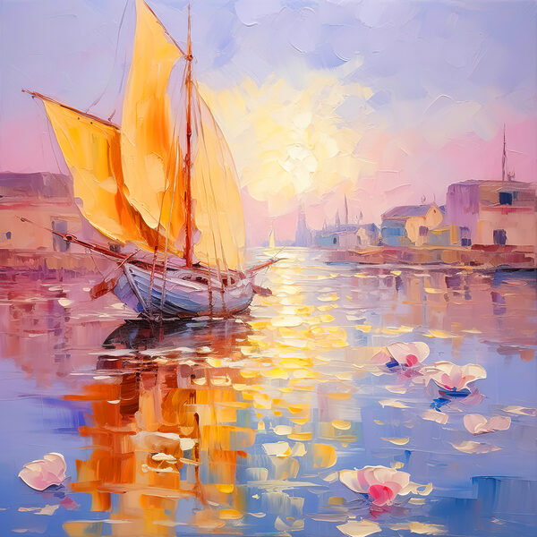 A painting of a sailboat in a harbor A painting of a sailboat in a harbor