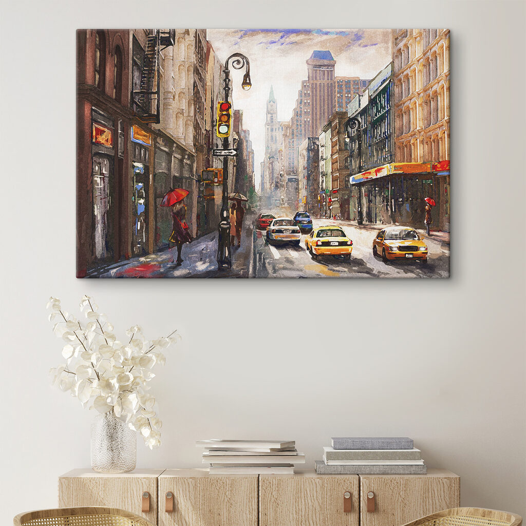 A watercolor of a city street with cars and people