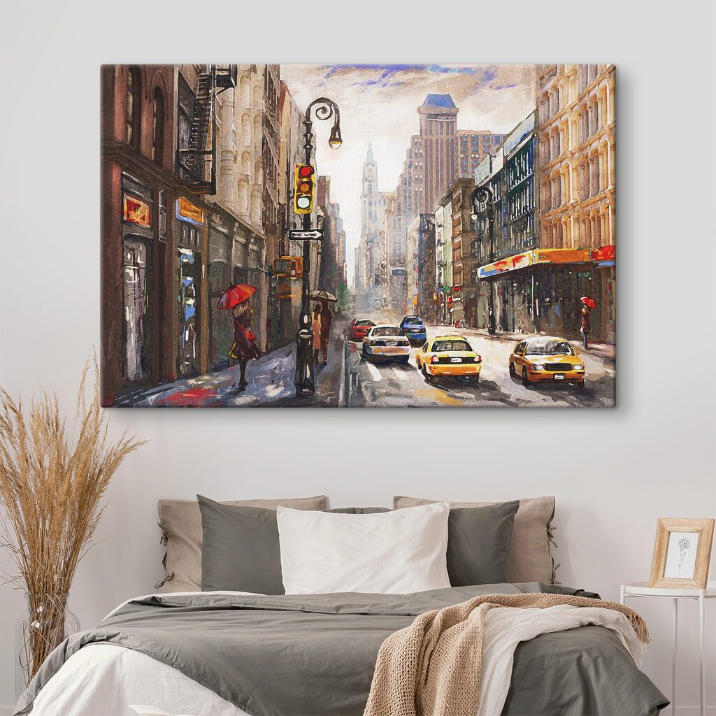 A watercolor of a city street with cars and people