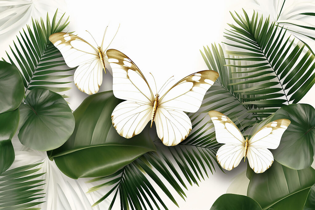 Butterflies on a white background with green leaves
