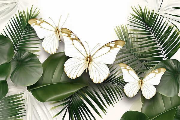 Butterflies on a white background with green leaves