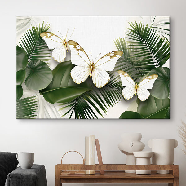 Butterflies on a white background with green leaves