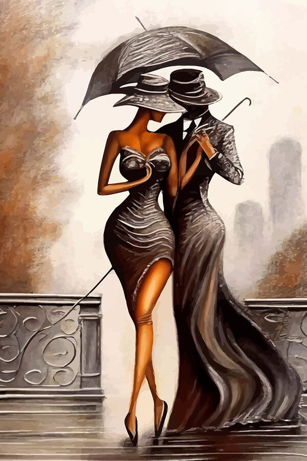 A painting of a man and woman in a dress and hat A painting of a man and woman in a dress and hat