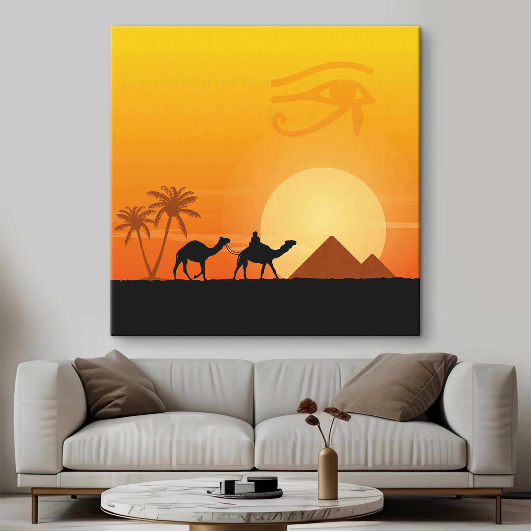 A camels and palm trees in front of a sunset A camels and palm trees in front of a sunset