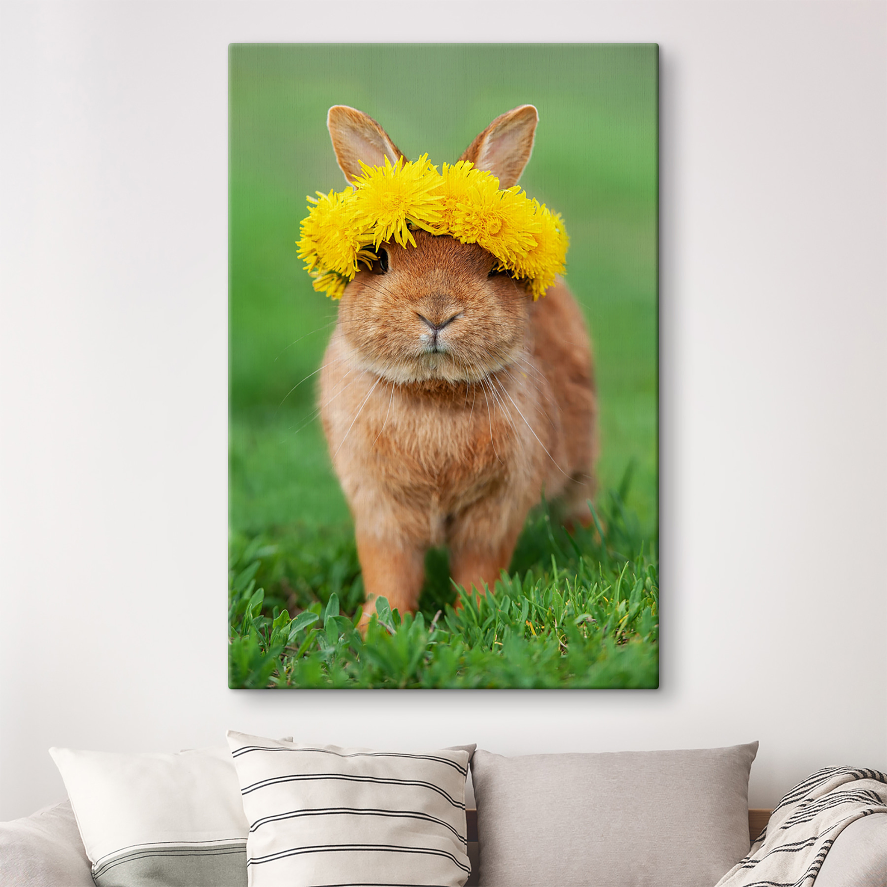 A rabbit wearing a wreath of dandelions A rabbit wearing a wreath of dandelions