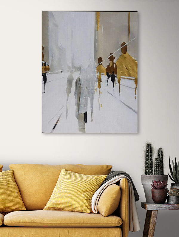 A painting of people walking on a snowy street