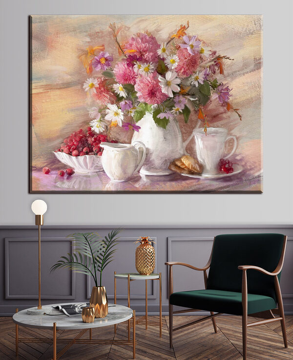 Quadri Un dipinto raffigurante dei fiori in un vaso e una ciotola di croissant (COD: s29240) Quadri Quadri Un dipinto raffigurante dei fiori in un vaso e una ciotola di croissant (COD: s29240)