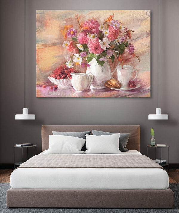 A painting of flowers in a vase and a bowl of croissants A painting of flowers in a vase and a bowl of croissants