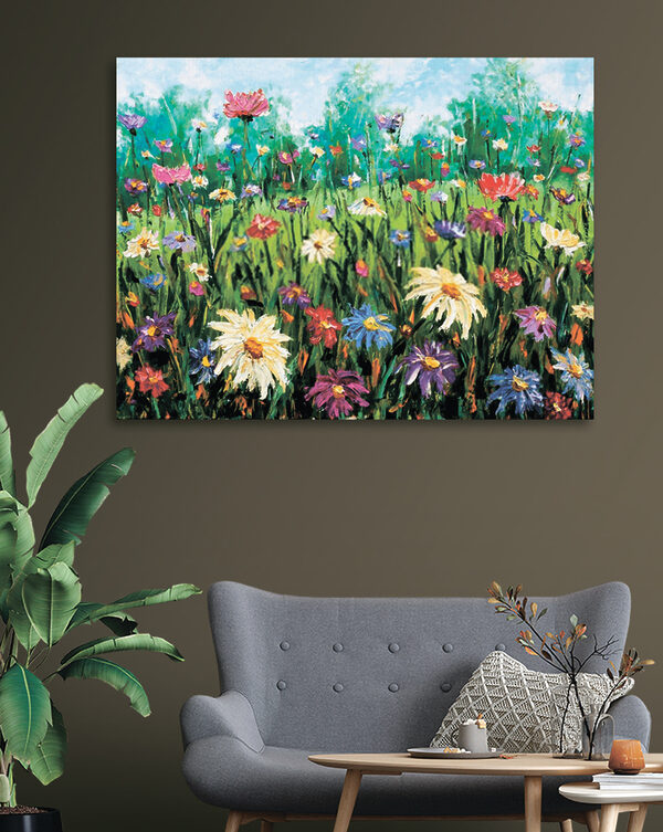 A painting of flowers in a field