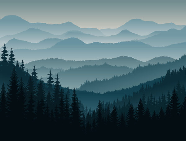 Un paesaggio di montagne con alberi Un paesaggio di montagne con alberi