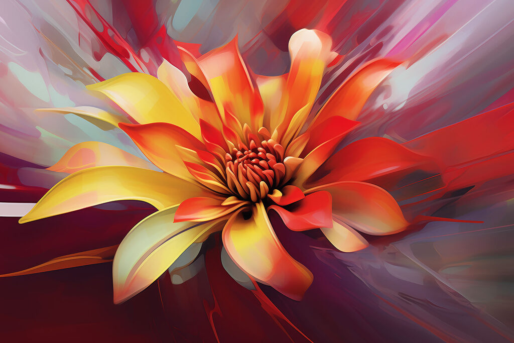 A colorful flower with a red center