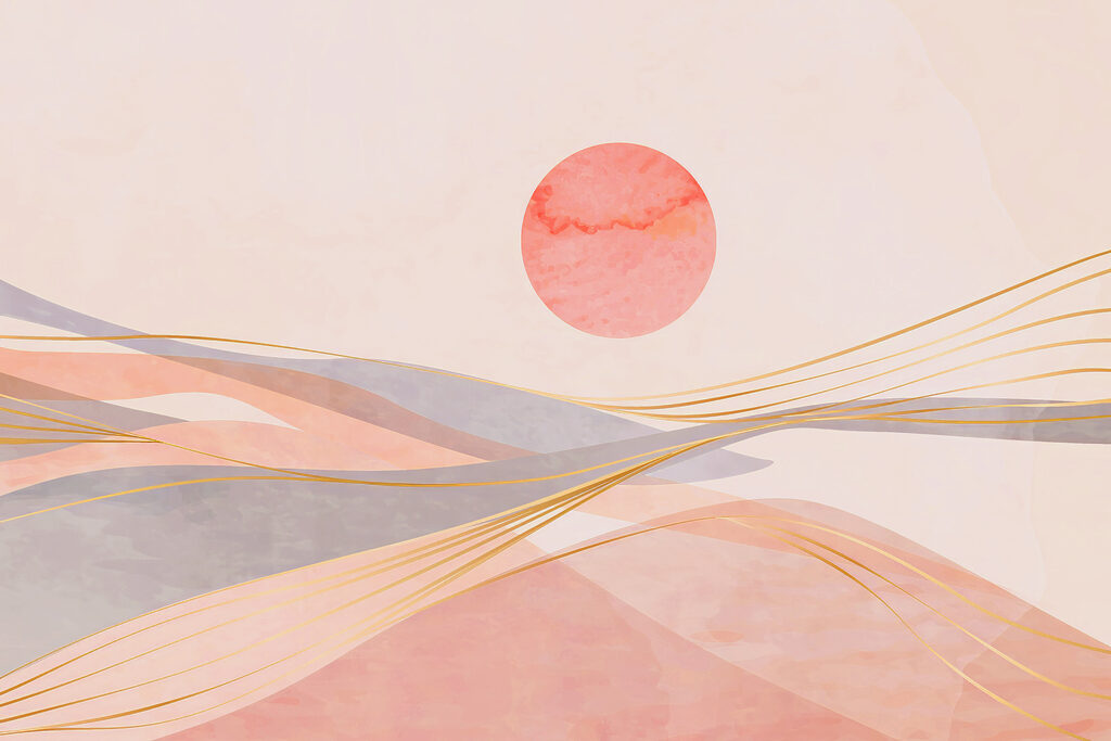 A pink and grey waves with a red sun A pink and grey waves with a red sun