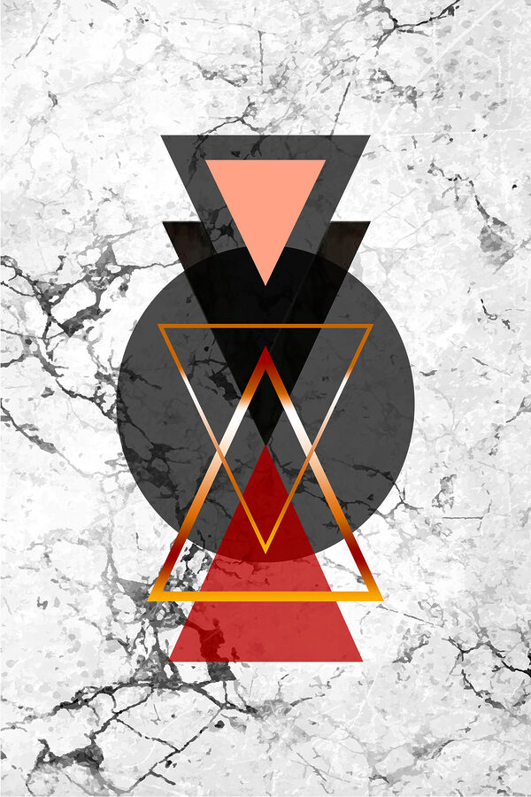 A black and red triangle and circle on a marble surface A black and red triangle and circle on a marble surface