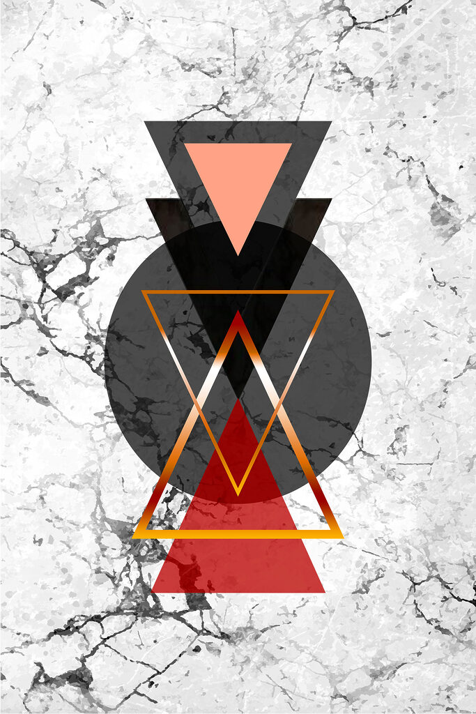 A black and red triangle and circle on a marble surface A black and red triangle and circle on a marble surface