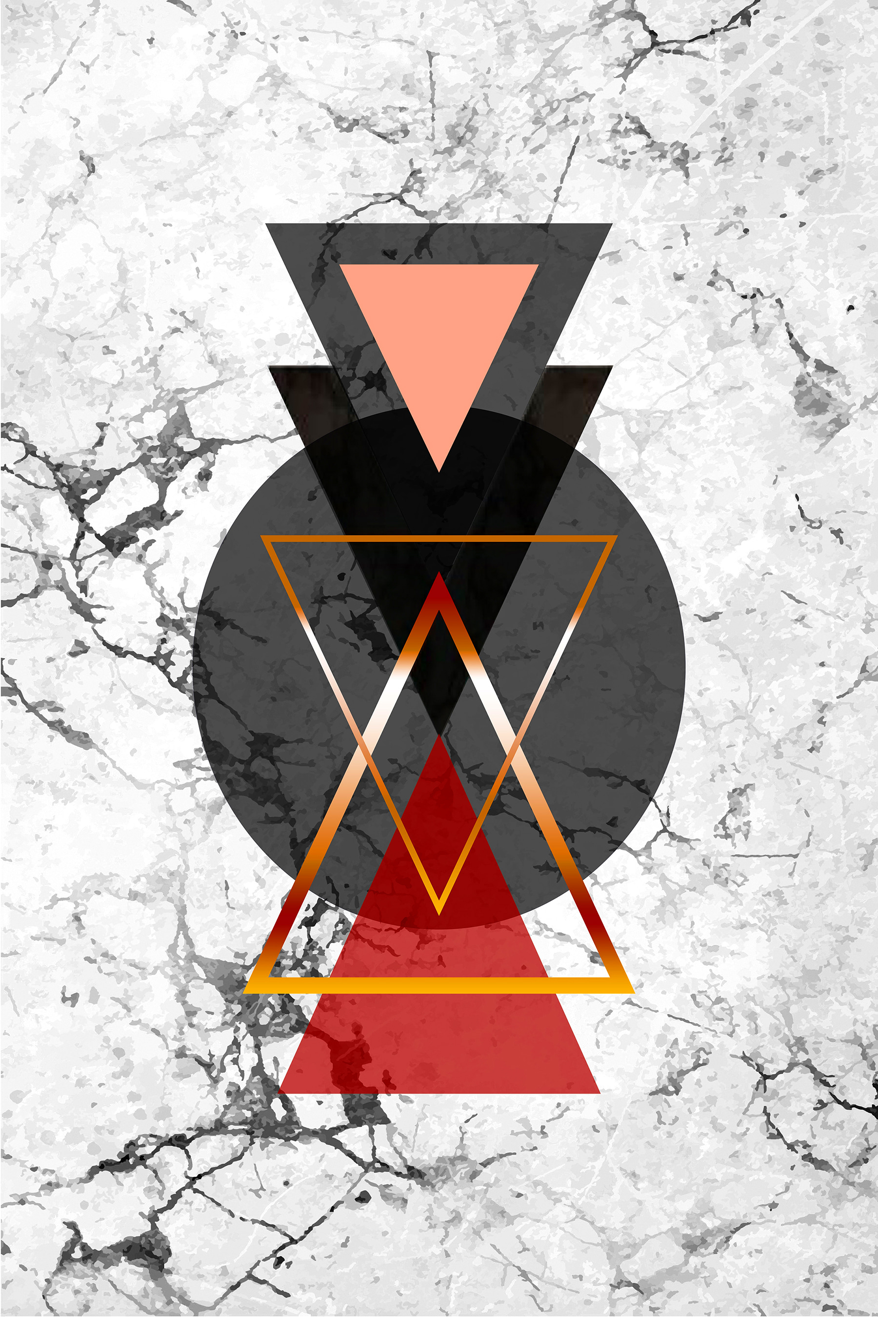 A black and red triangle and circle on a marble surface A black and red triangle and circle on a marble surface