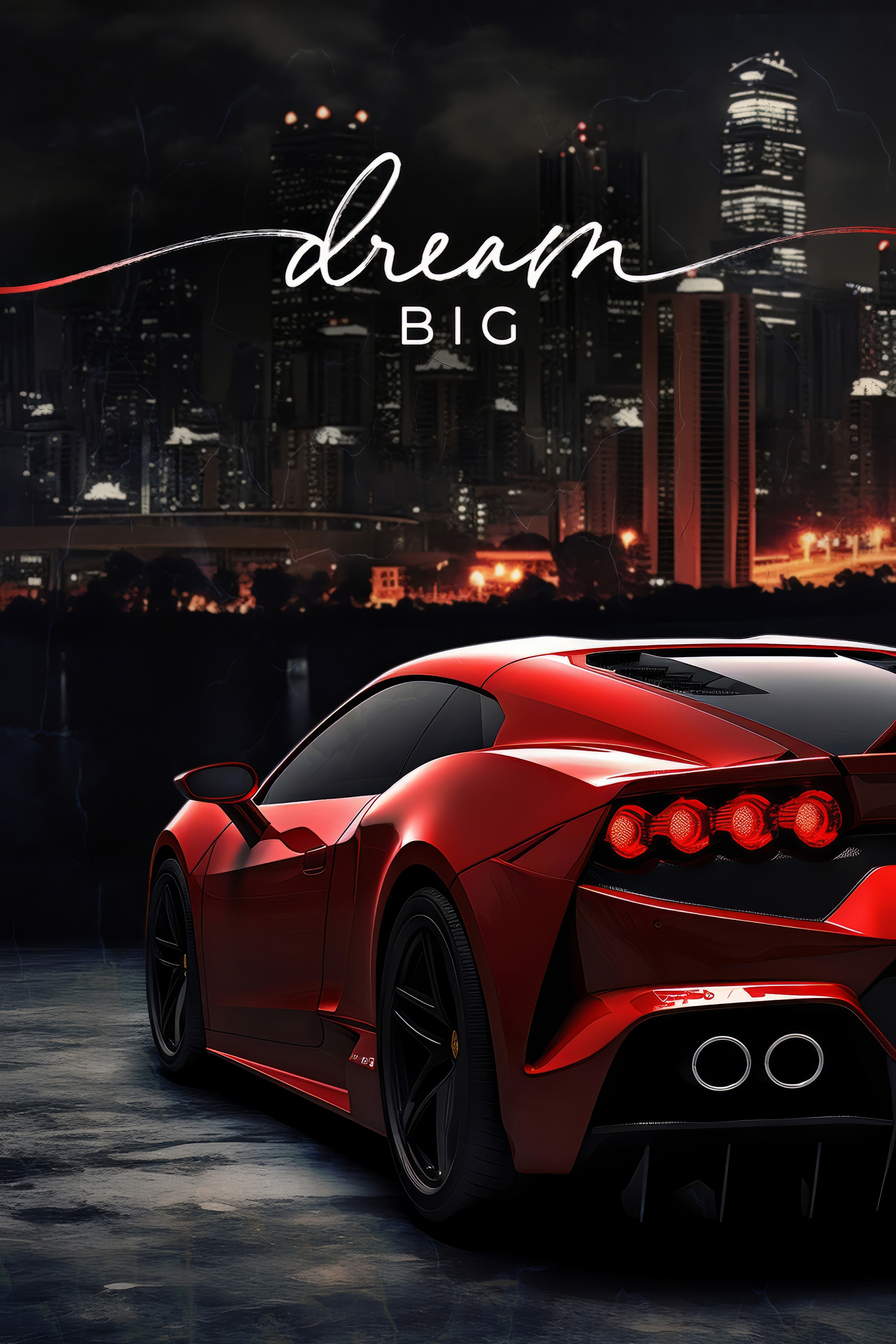 A red sports car in front of a city skyline A red sports car in front of a city skyline