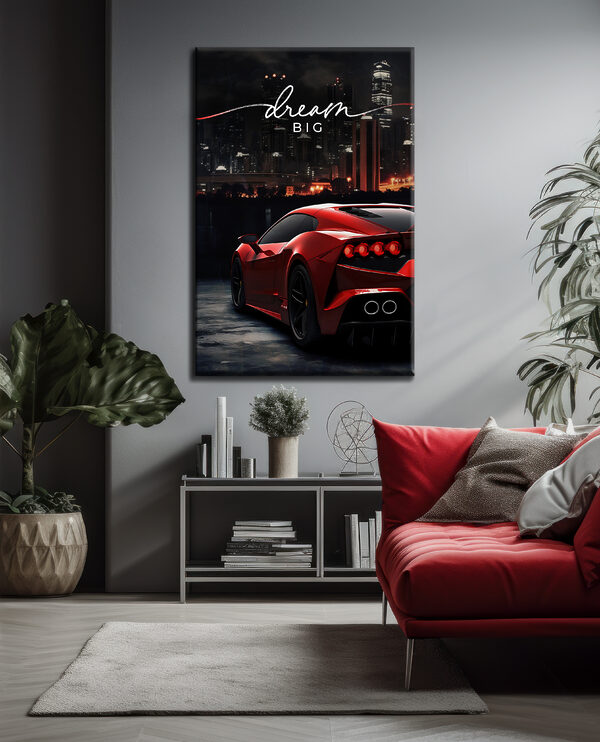Quadri Un'auto sportiva rossa sullo sfondo dello skyline della città (COD: s35464) Quadri Quadri Un'auto sportiva rossa sullo sfondo dello skyline della città (COD: s35464)