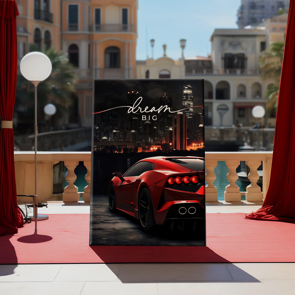 A red sports car in front of a city skyline A red sports car in front of a city skyline