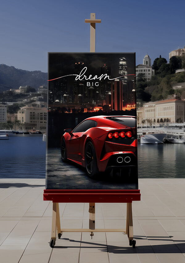A red sports car in front of a city skyline A red sports car in front of a city skyline