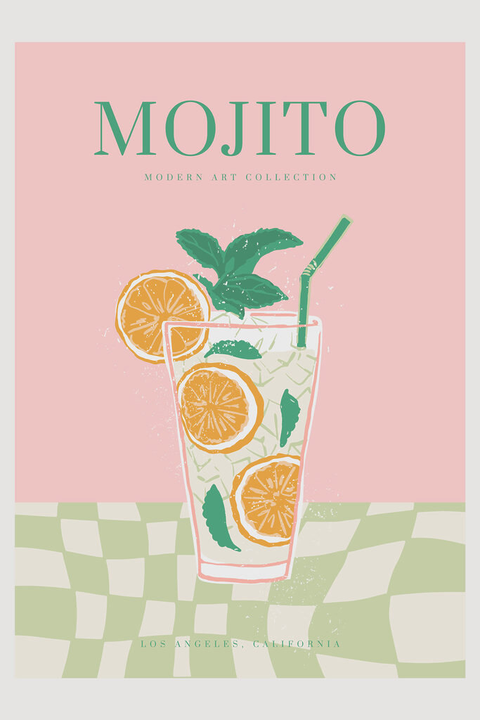 A poster of a drink with oranges and mint leaves A poster of a drink with oranges and mint leaves