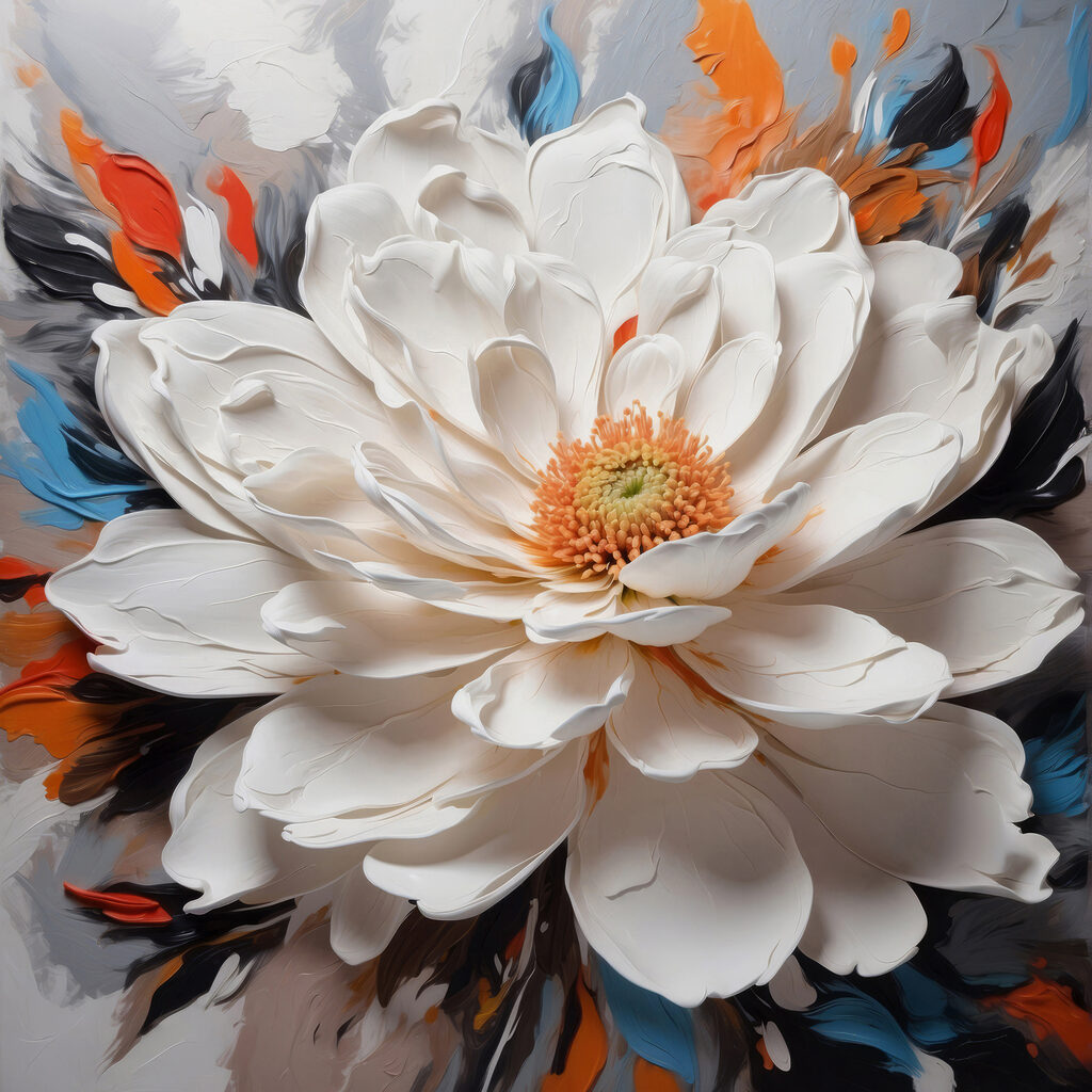 A white flower with orange center