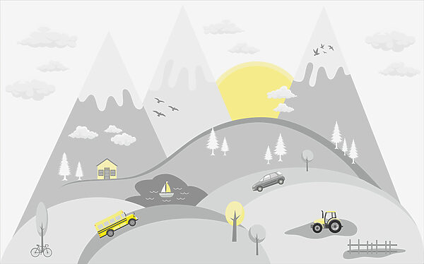 Una vignetta di auto e camion su una collina Una vignetta di auto e camion su una collina