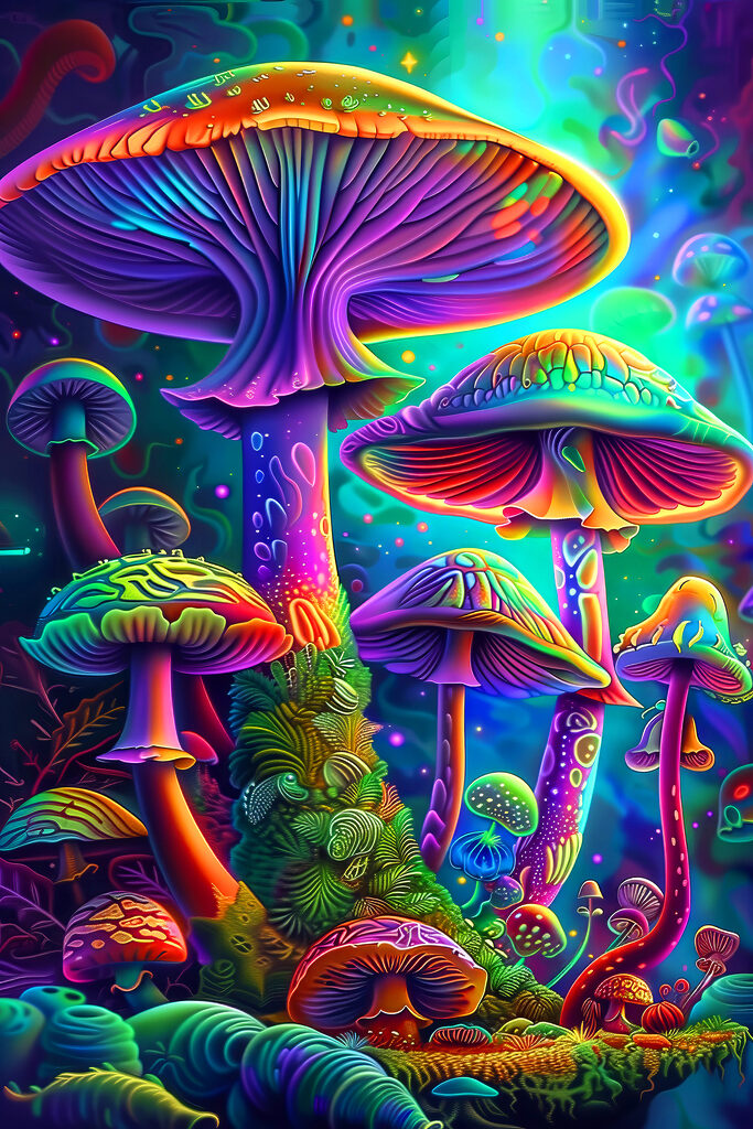 A group of colorful mushrooms A group of colorful mushrooms