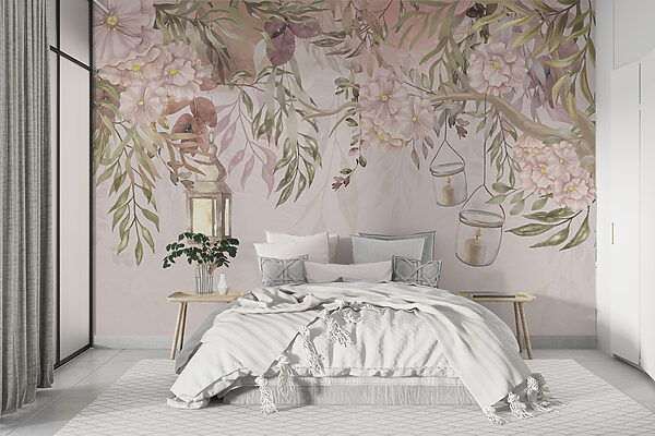 Un dipinto di un albero con fiori e lanterne Un dipinto di un albero con fiori e lanterne