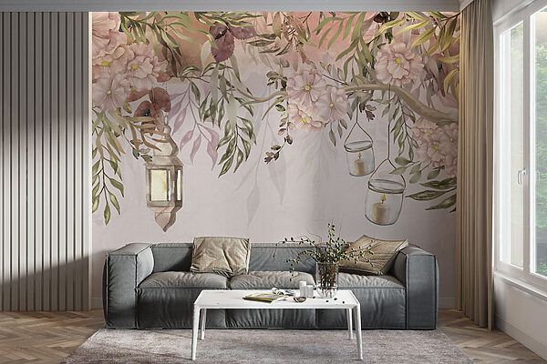 Un dipinto di un albero con fiori e lanterne Un dipinto di un albero con fiori e lanterne