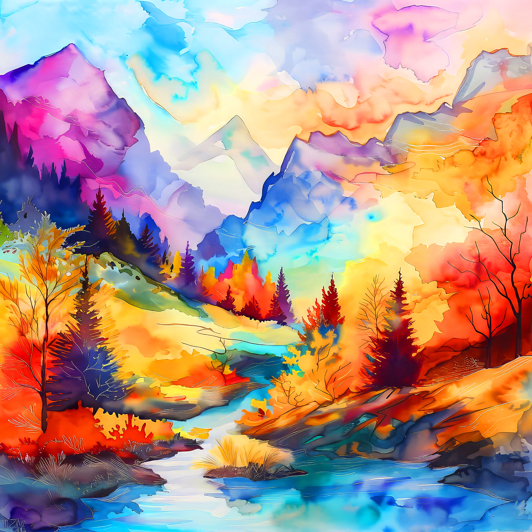 A colorful mountain landscape with trees and a river