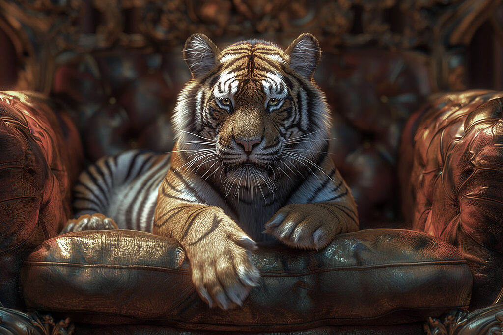 A tiger lying on a leather chair