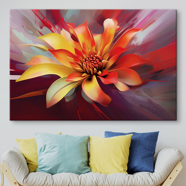 A colorful flower with a red center