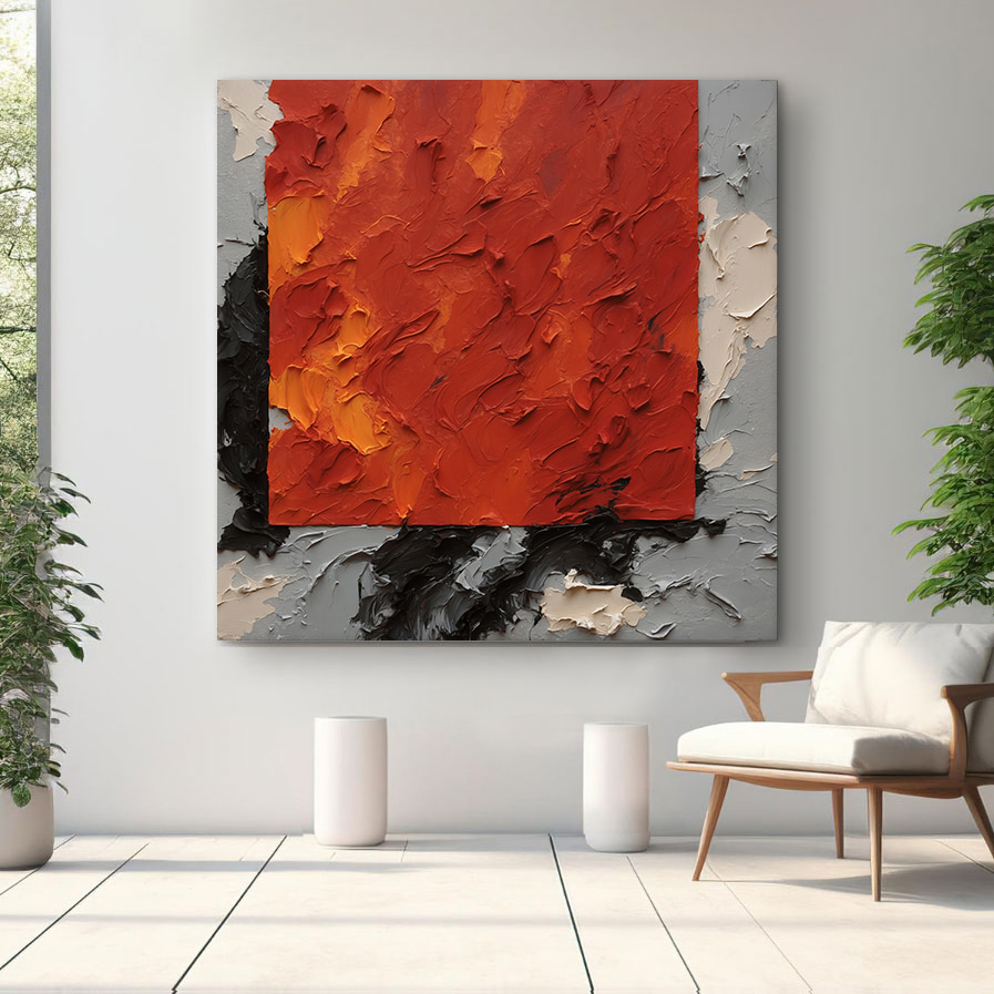A painting of a red square with black and white paint A painting of a red square with black and white paint