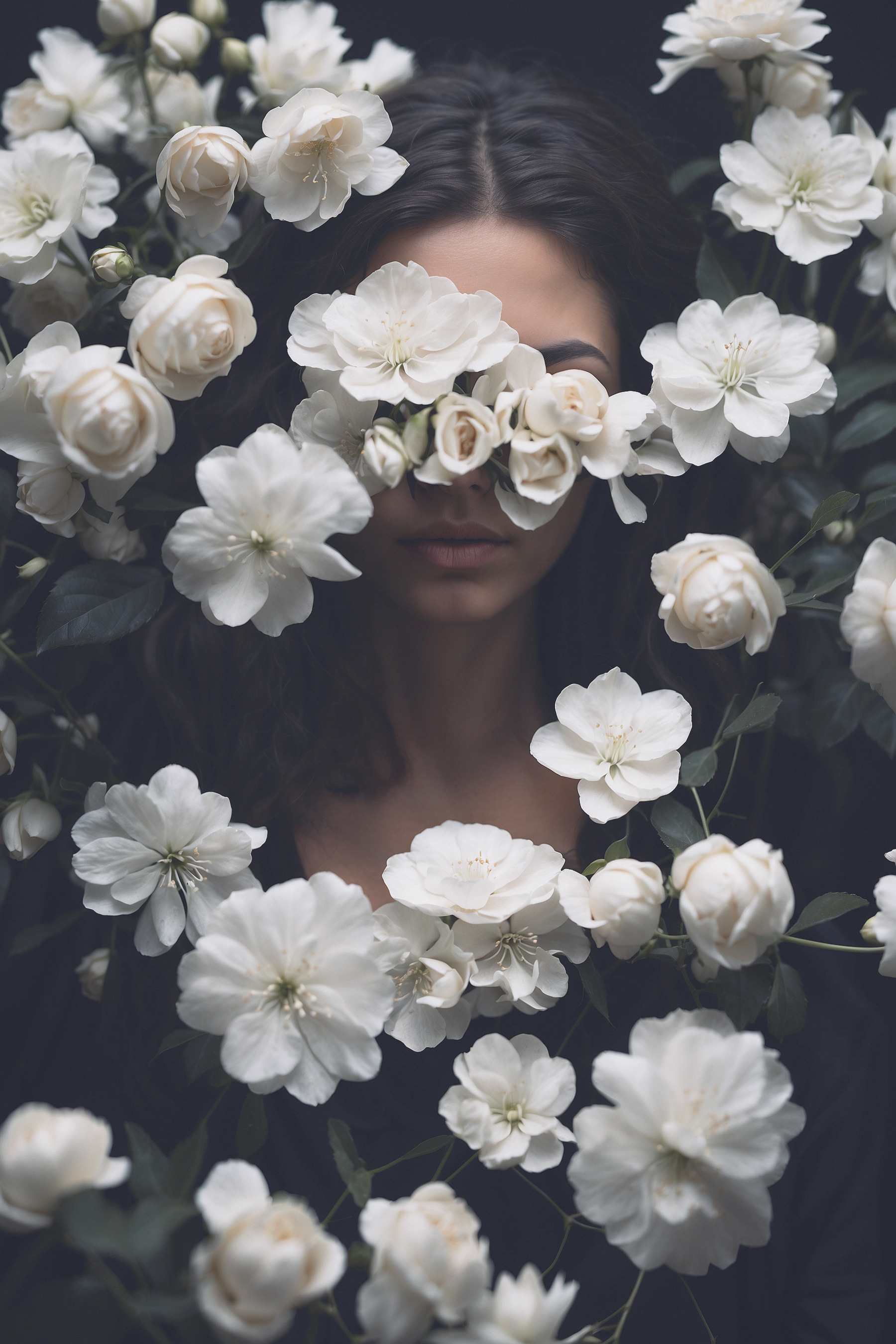 A woman hiding her face behind white flowers