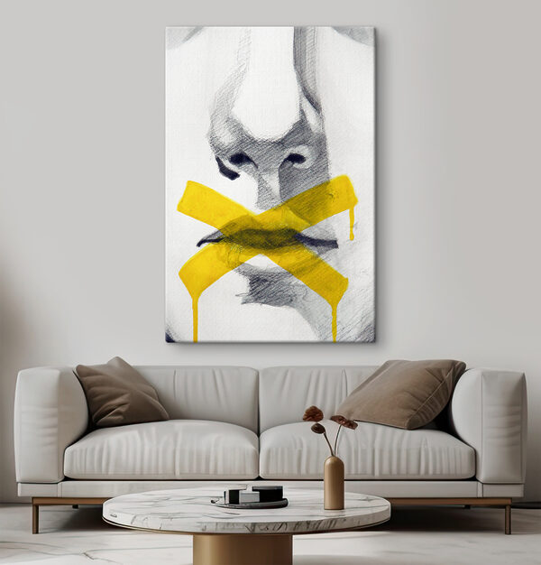 A drawing of a person's face with a yellow tape A drawing of a person's face with a yellow tape