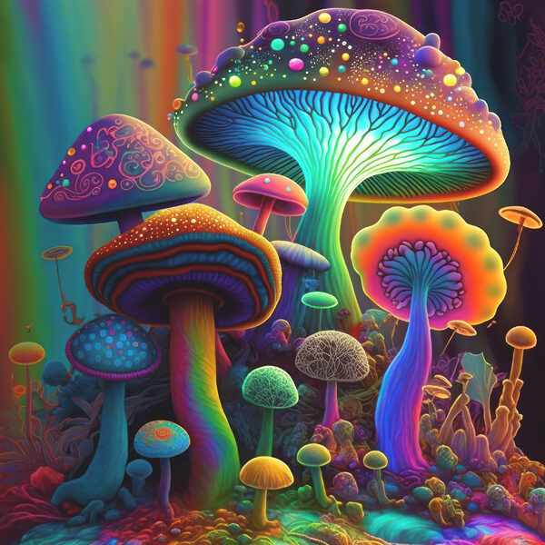 A group of colorful mushrooms