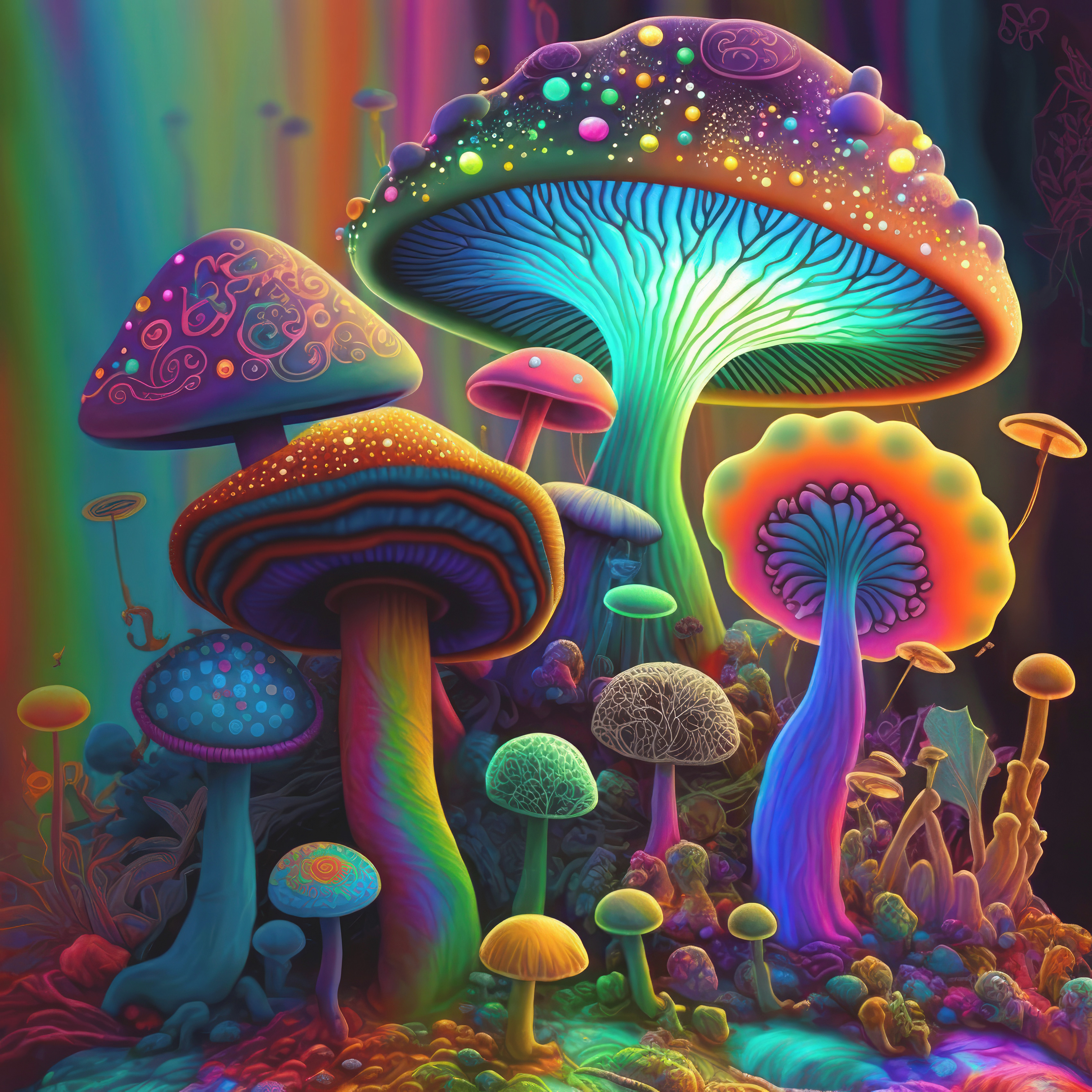 A group of colorful mushrooms