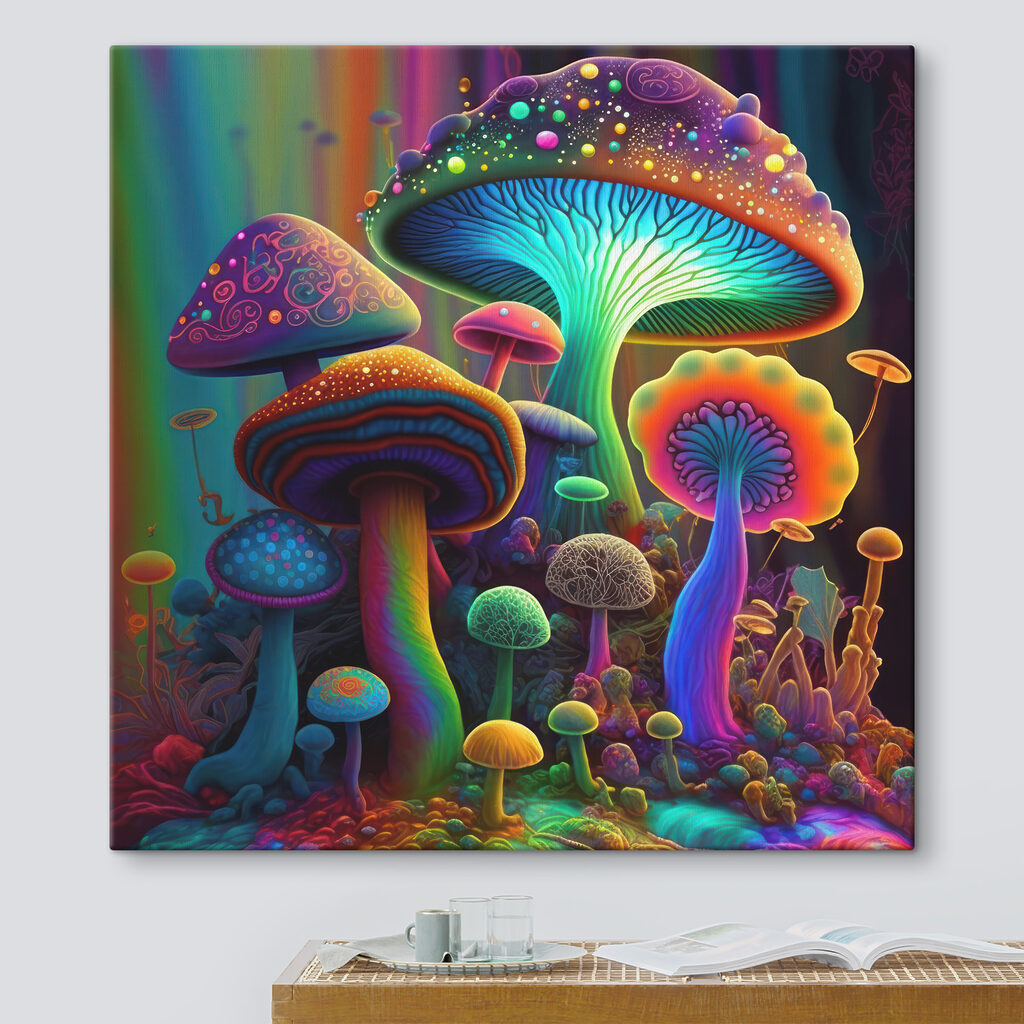 A group of colorful mushrooms