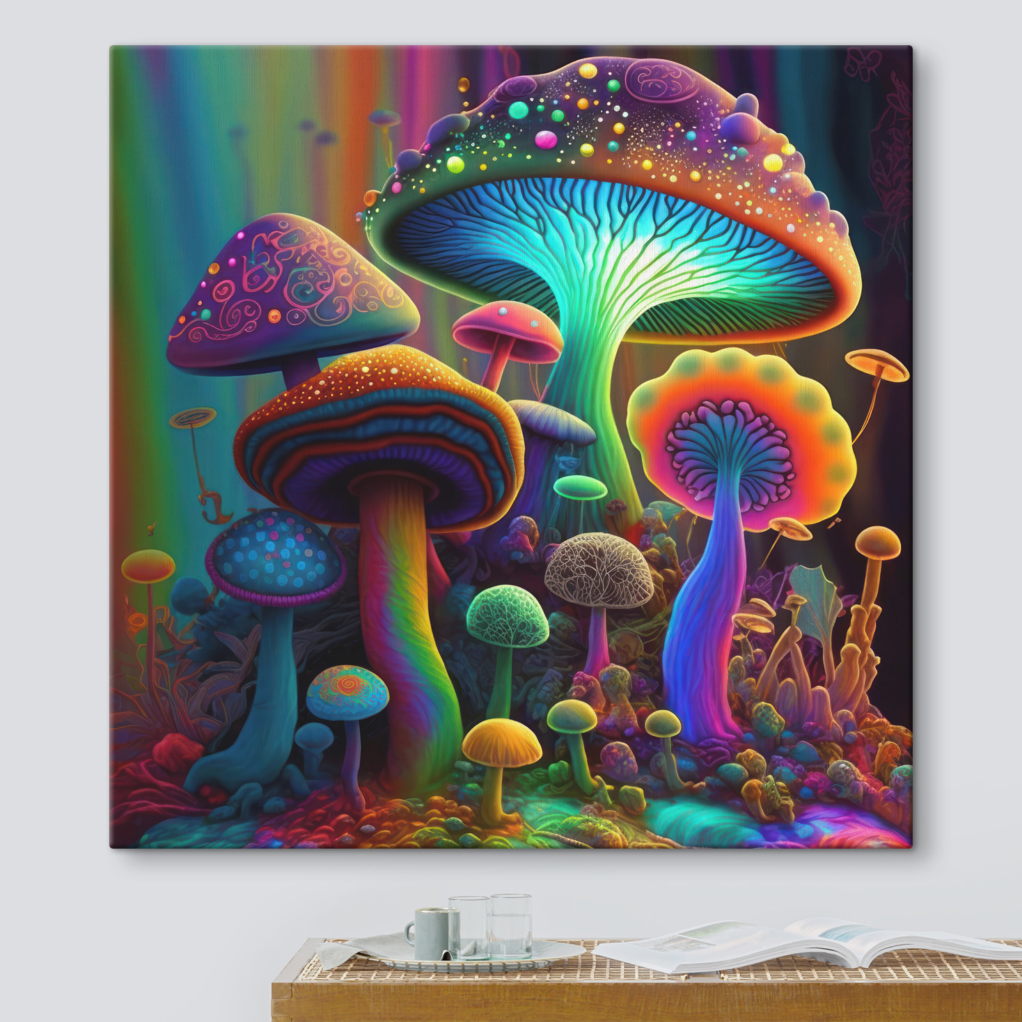 A group of colorful mushrooms