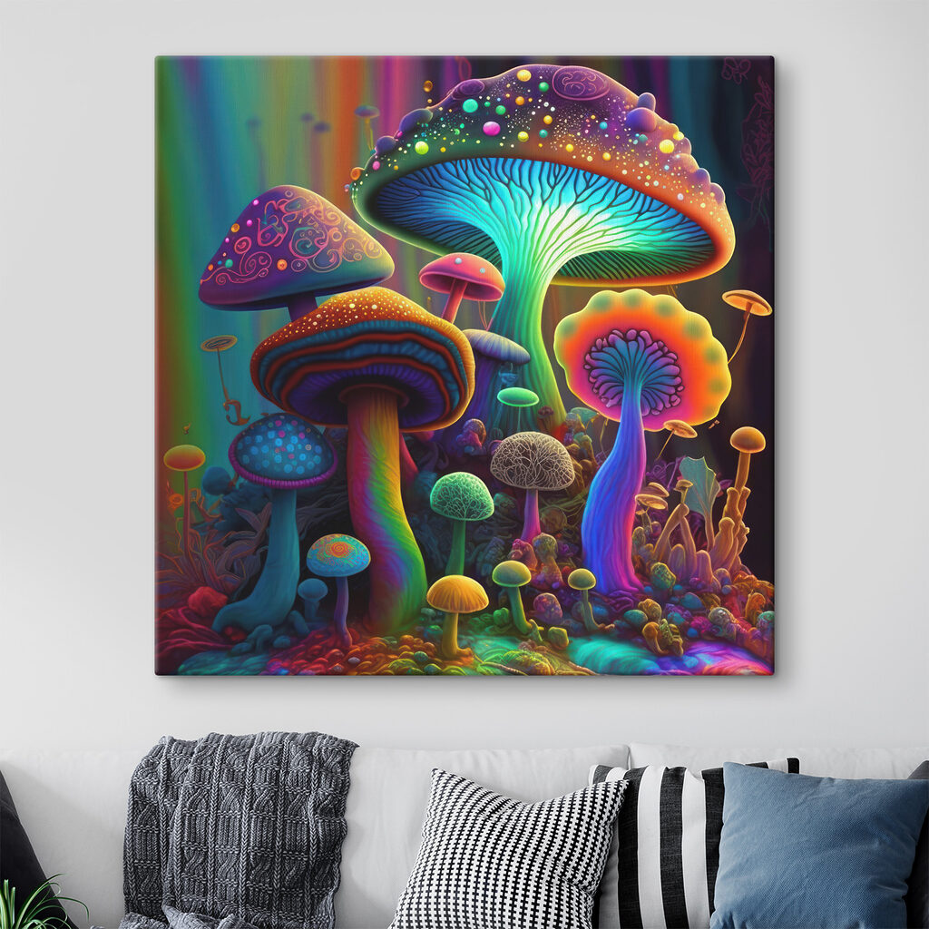 A group of colorful mushrooms