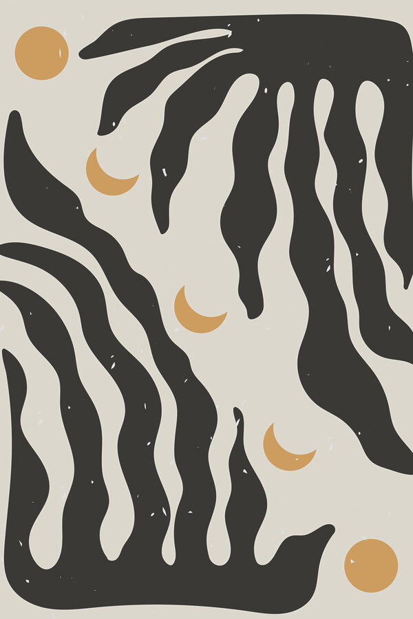 A black and white pattern with a moon